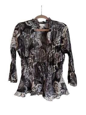 Kim Rogers Signature Women’s Ruffle Hem Blouse Pleated Y2K Tie Sheer Large